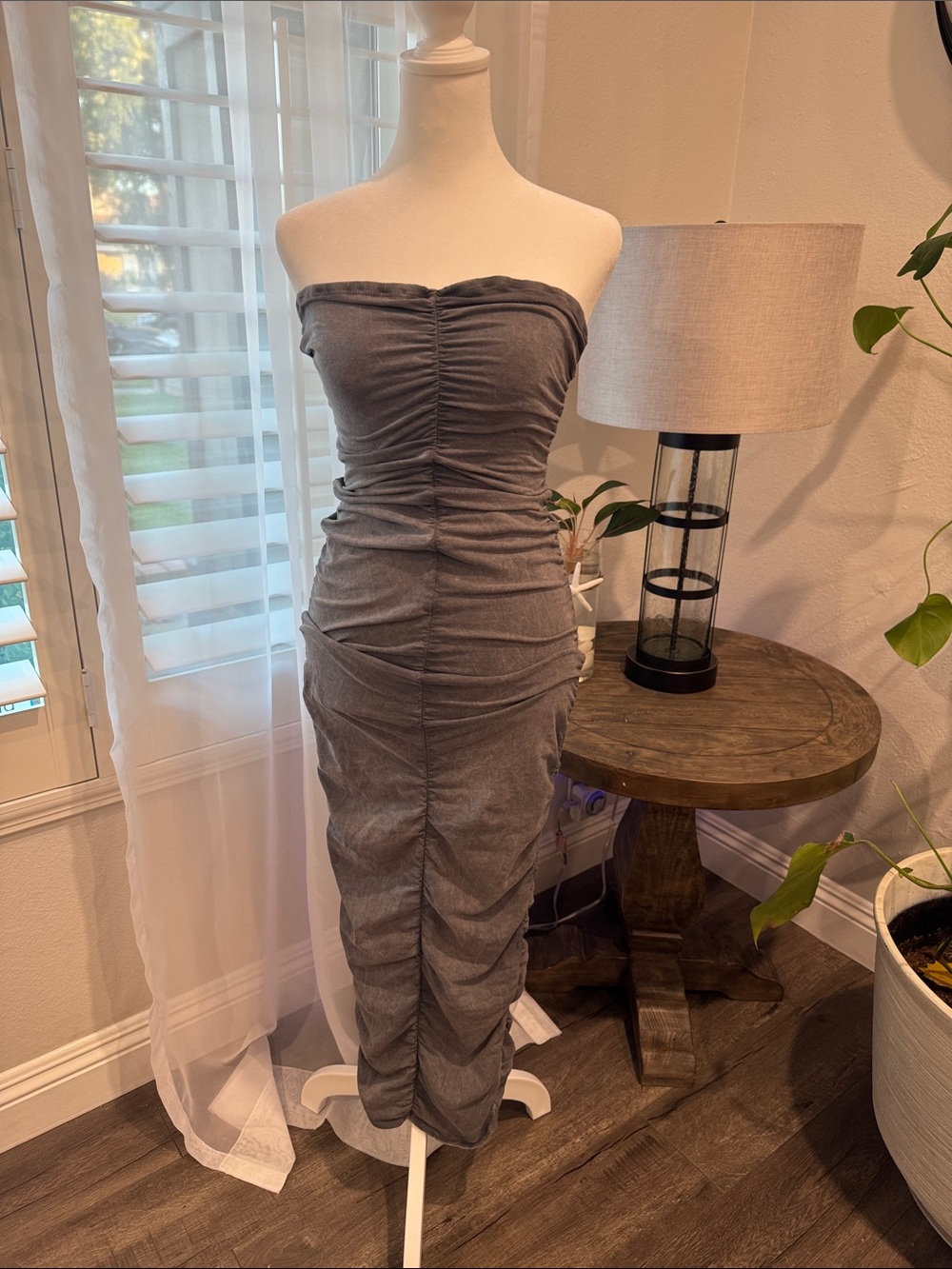 Fashion Nova Charcoal Gray Strapless Ruched Bodycon Dress